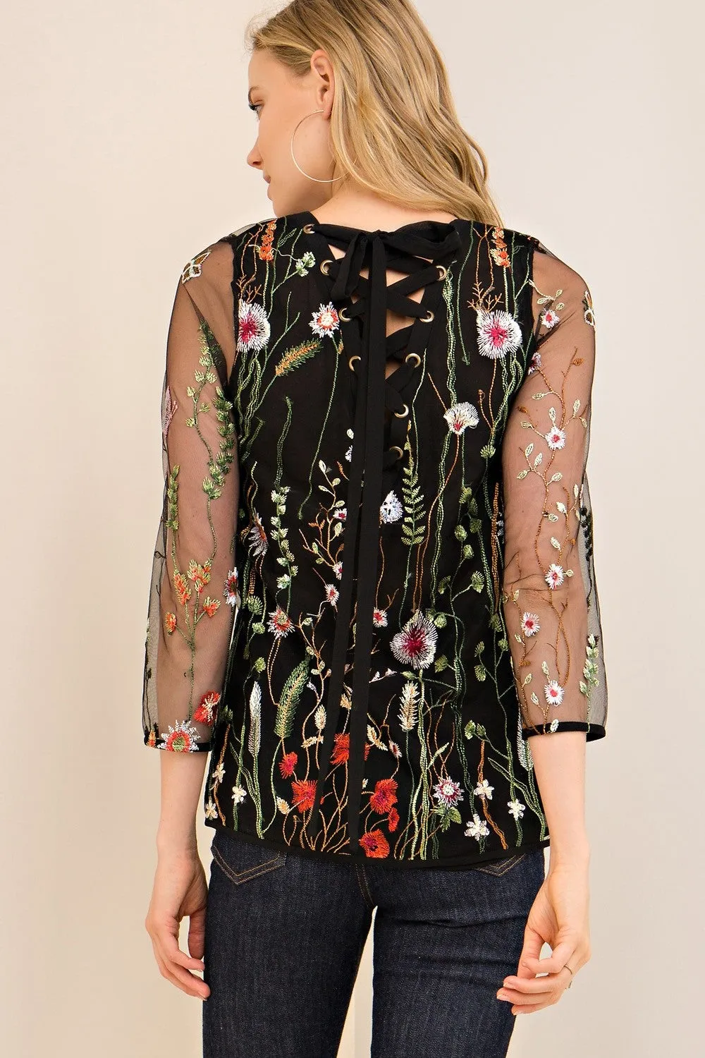 Always in Bloom Floral  Embroidered Top, Black