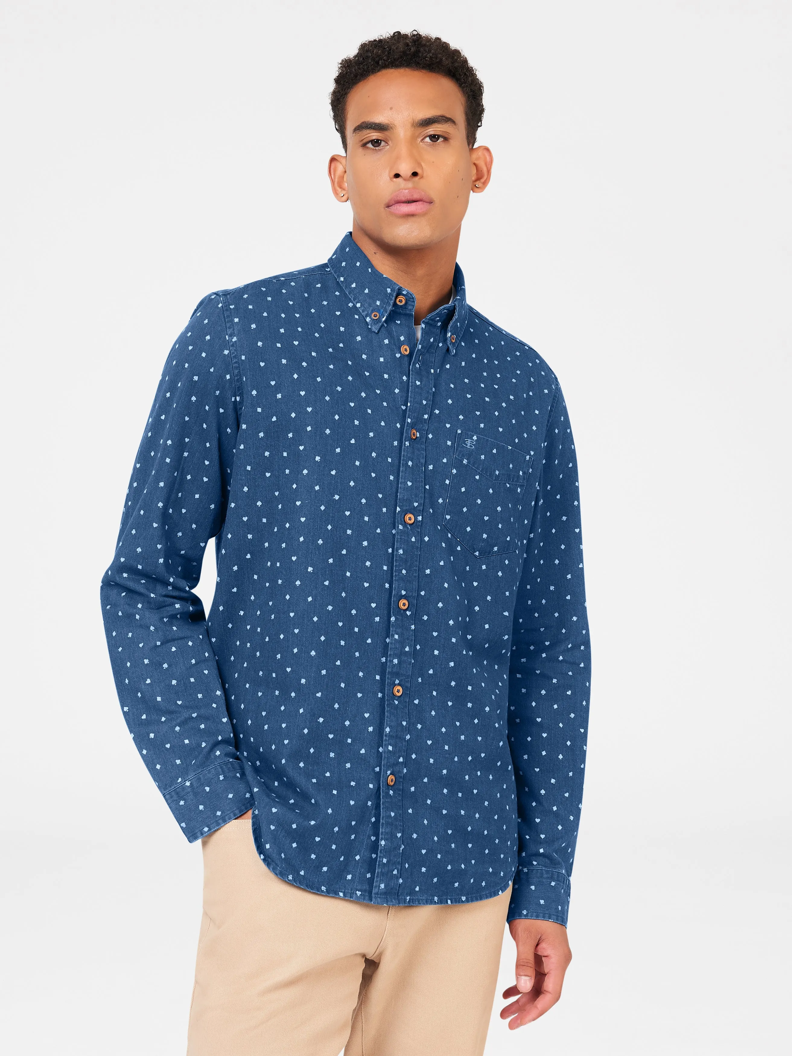 Ben Sherman Card Suite Print Denim Long Sleeve Shirt - Indigo