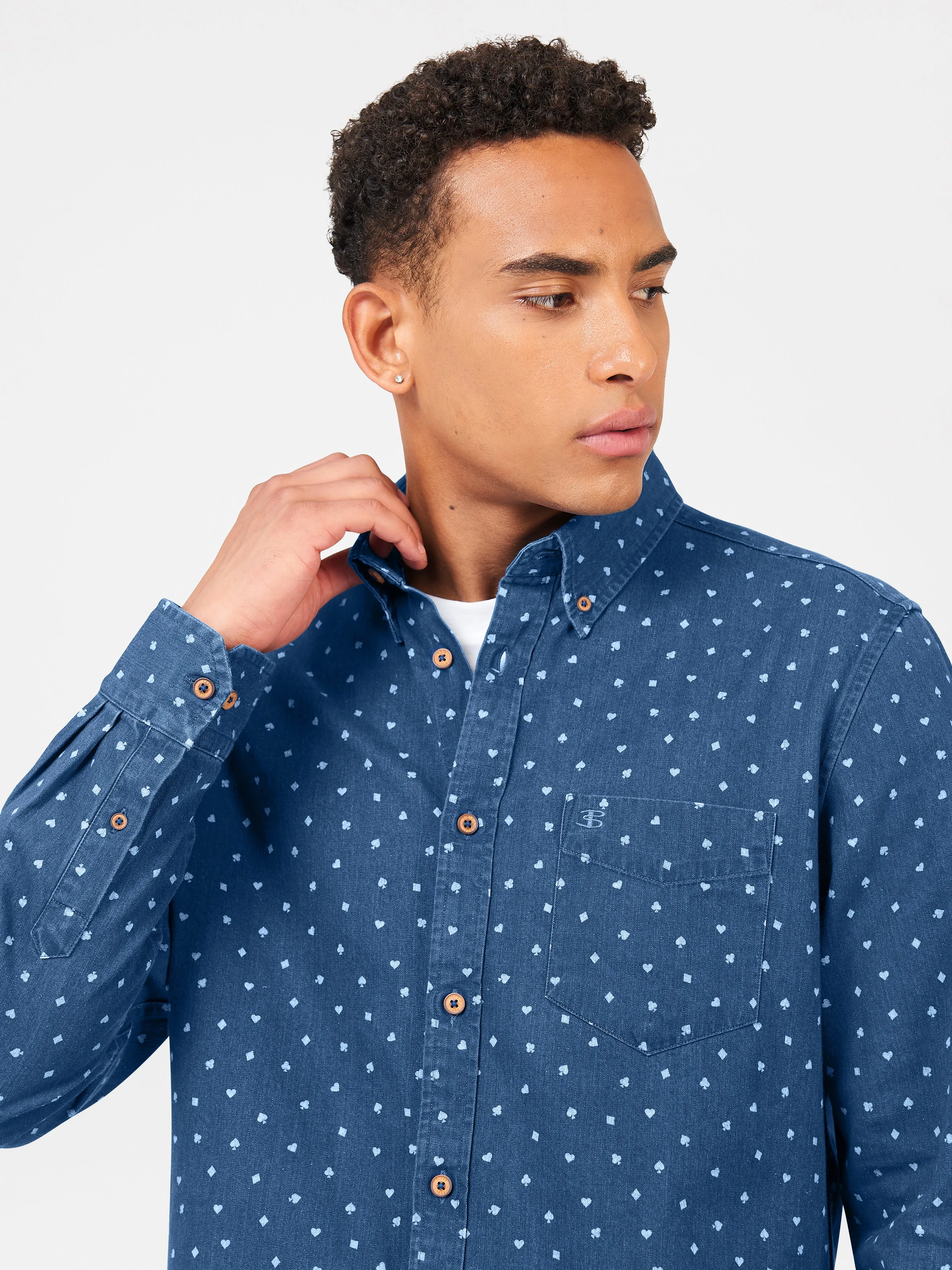 Ben Sherman Card Suite Print Denim Long Sleeve Shirt - Indigo