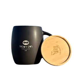 Black Snowy Owl Coffee Mug with Etched logo and Top Coaster