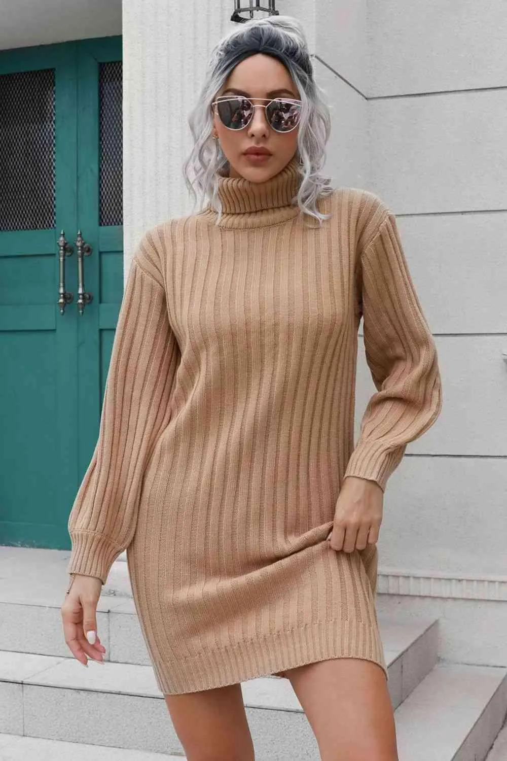Cozy Deluxe Ribbed Turtleneck Sweater Dress
