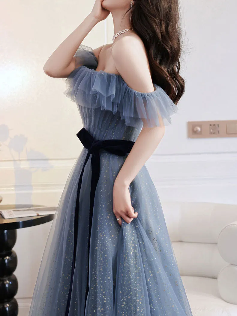 Gray Blue Tulle Long Prom Dress Gray Blue Tulle Formal Dress