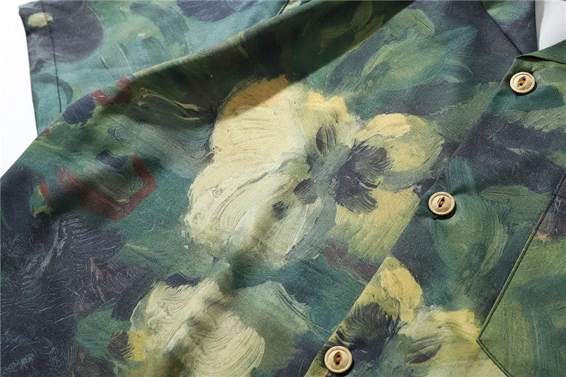 Green Floral Paint Print Shirt