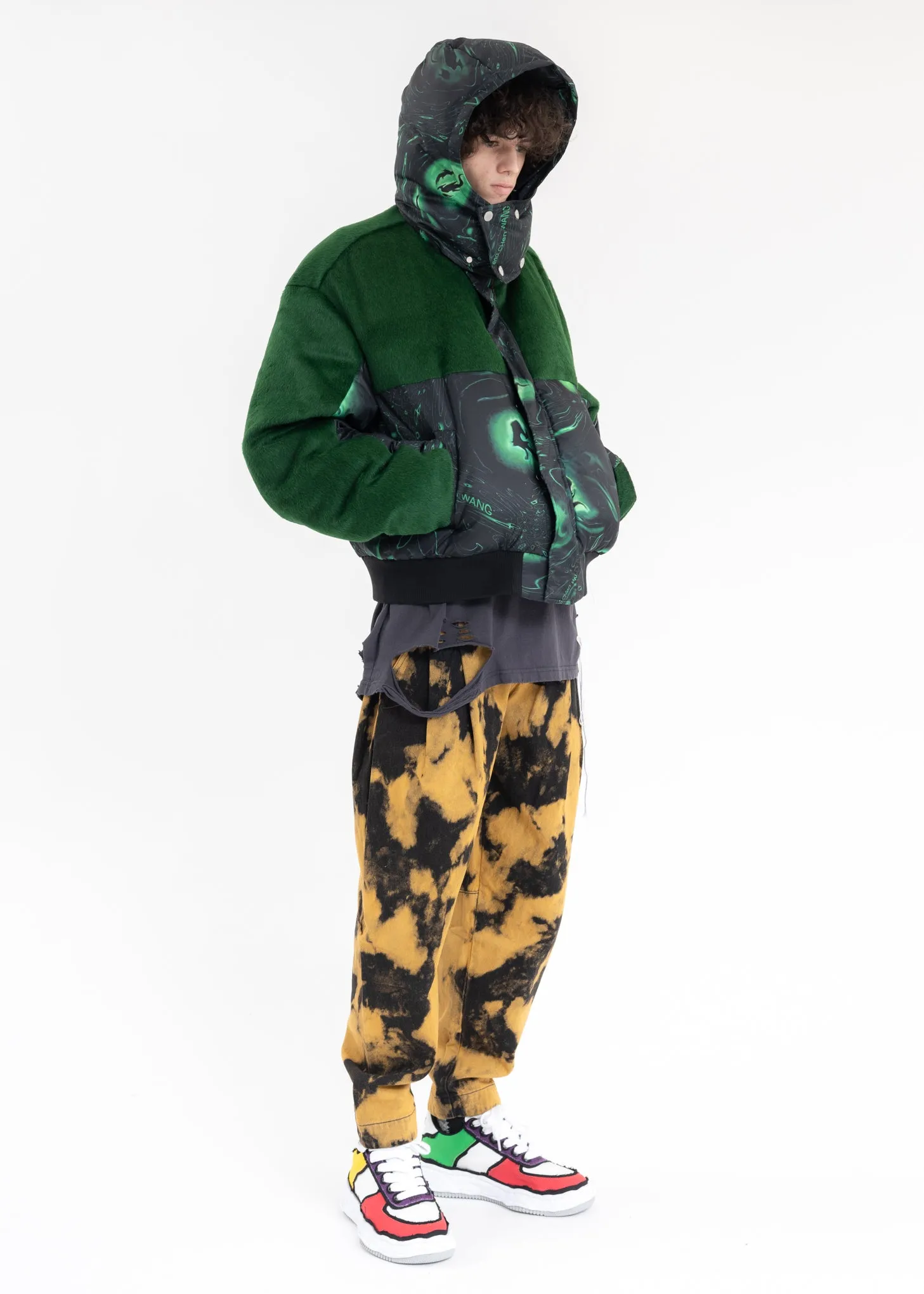 Green LACQUERWARE PRINT HOODED PUFFER JACKET