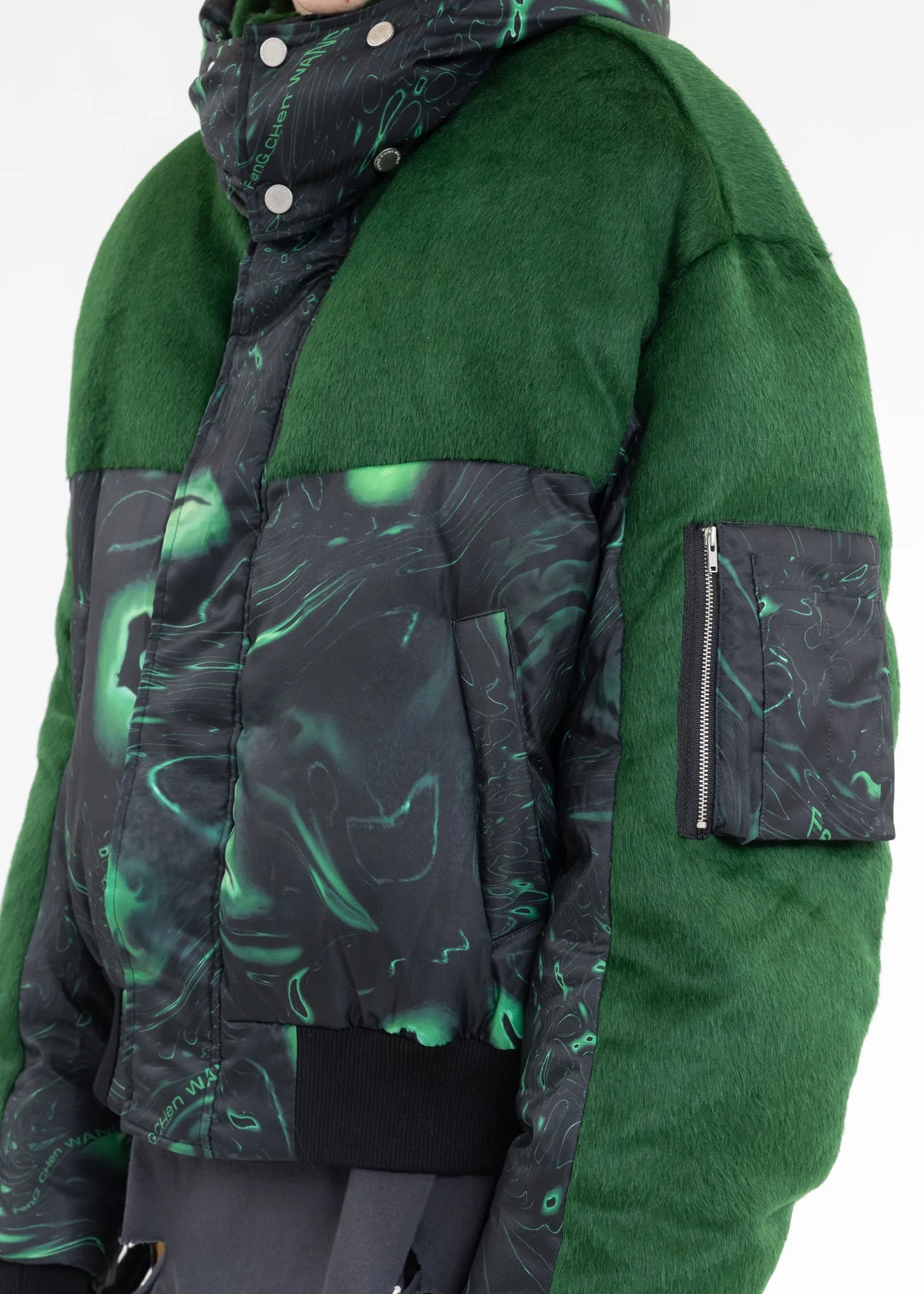 Green LACQUERWARE PRINT HOODED PUFFER JACKET