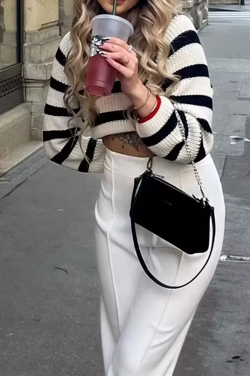 HWR1053 Striped Knit Crop Sweater