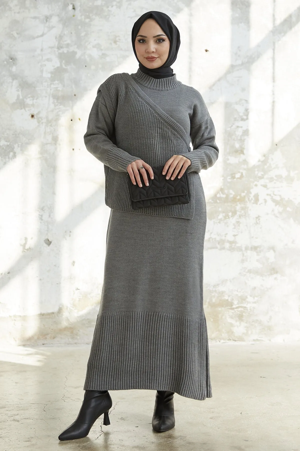MDS Women Knitted Dress with Tied Sweater - Anthracite - Panevėžys