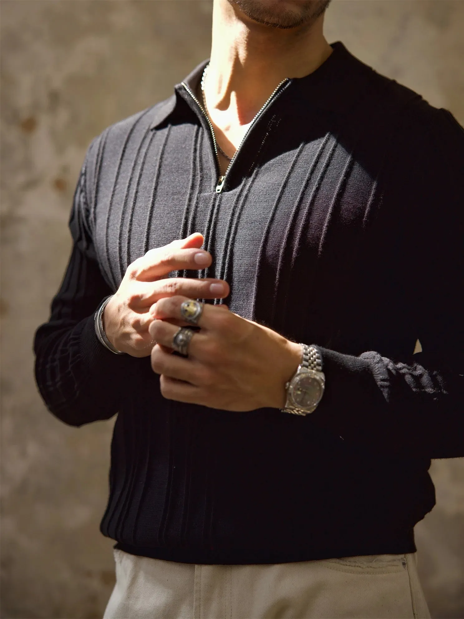 Men's Ribbed Polo Shirt with Zipper Closure - Long Sleeves - Smart Business Style
