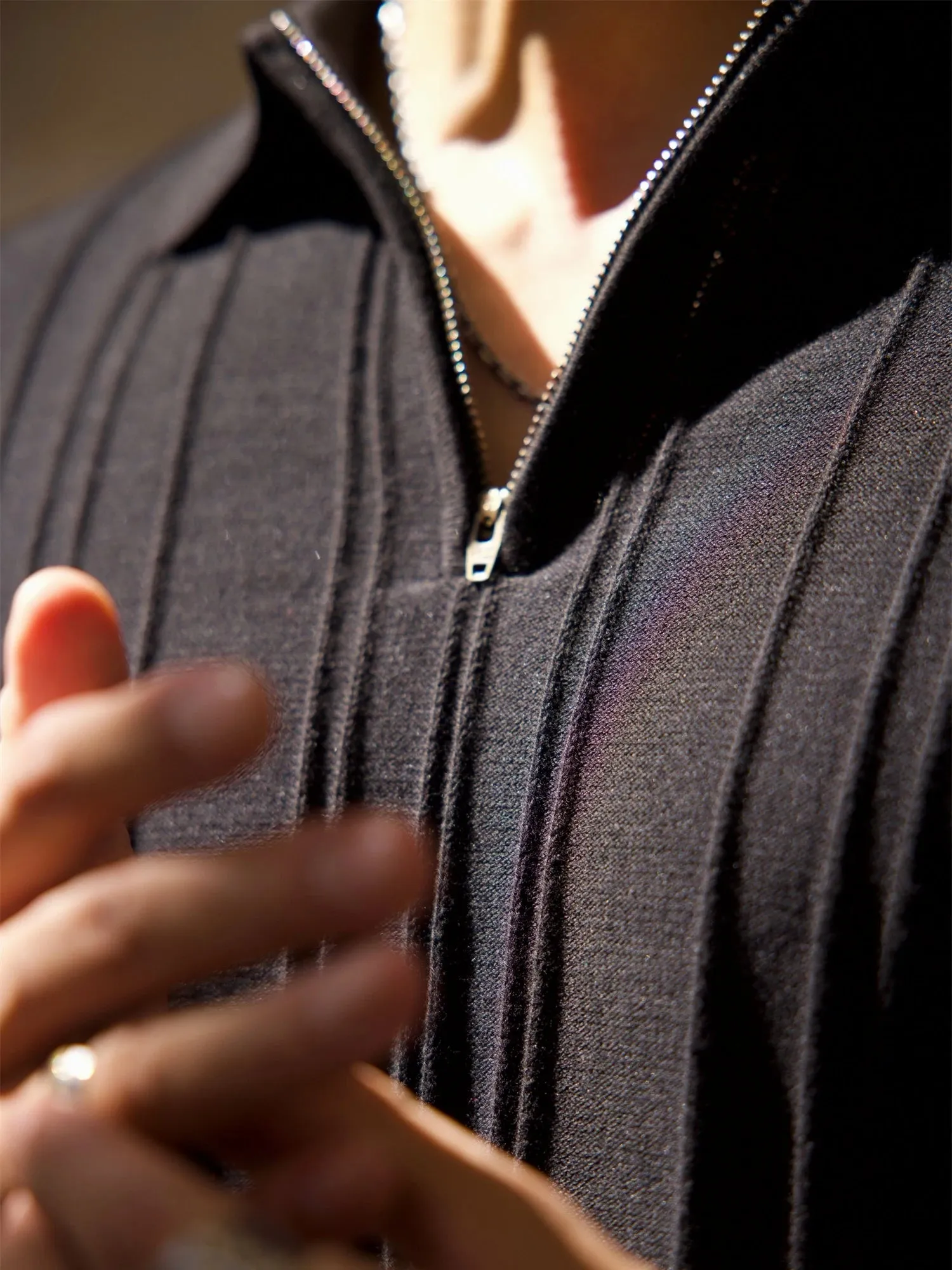 Men's Ribbed Polo Shirt with Zipper Closure - Long Sleeves - Smart Business Style