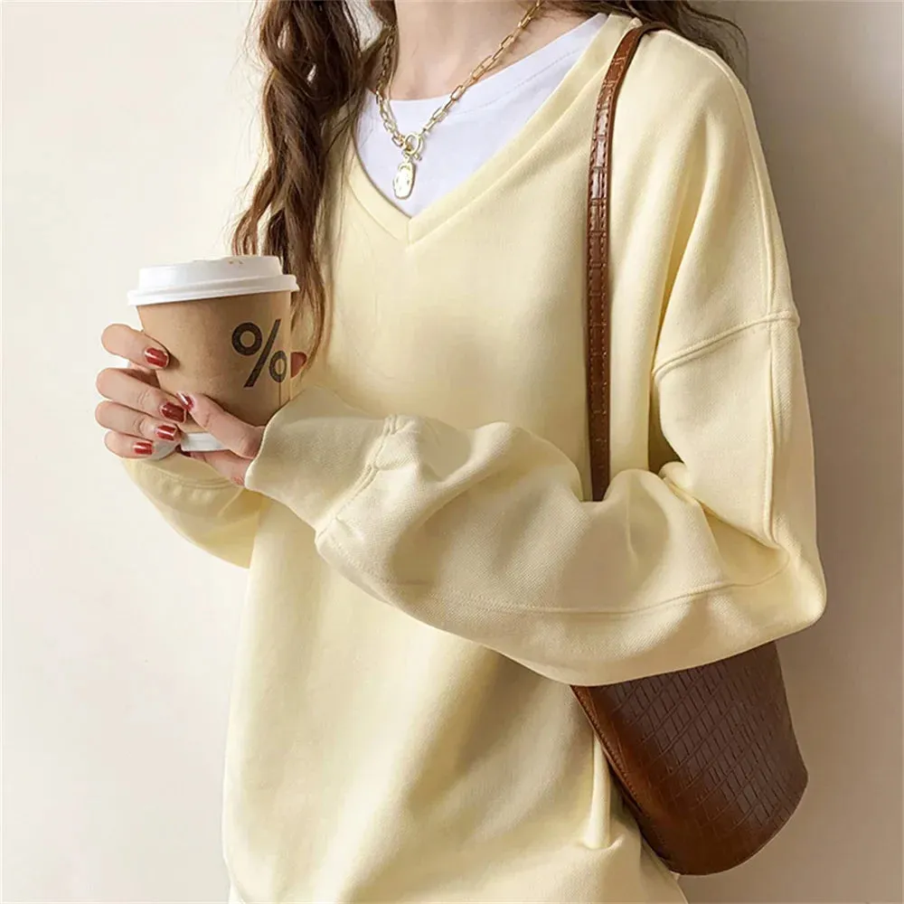 Metaversmall Autumn V-Neck Women Sweatshirts 2021 Solid Color Korean Hoodie Comfortable Loose Fashion Casual OL Elegant Lady Tops S-L