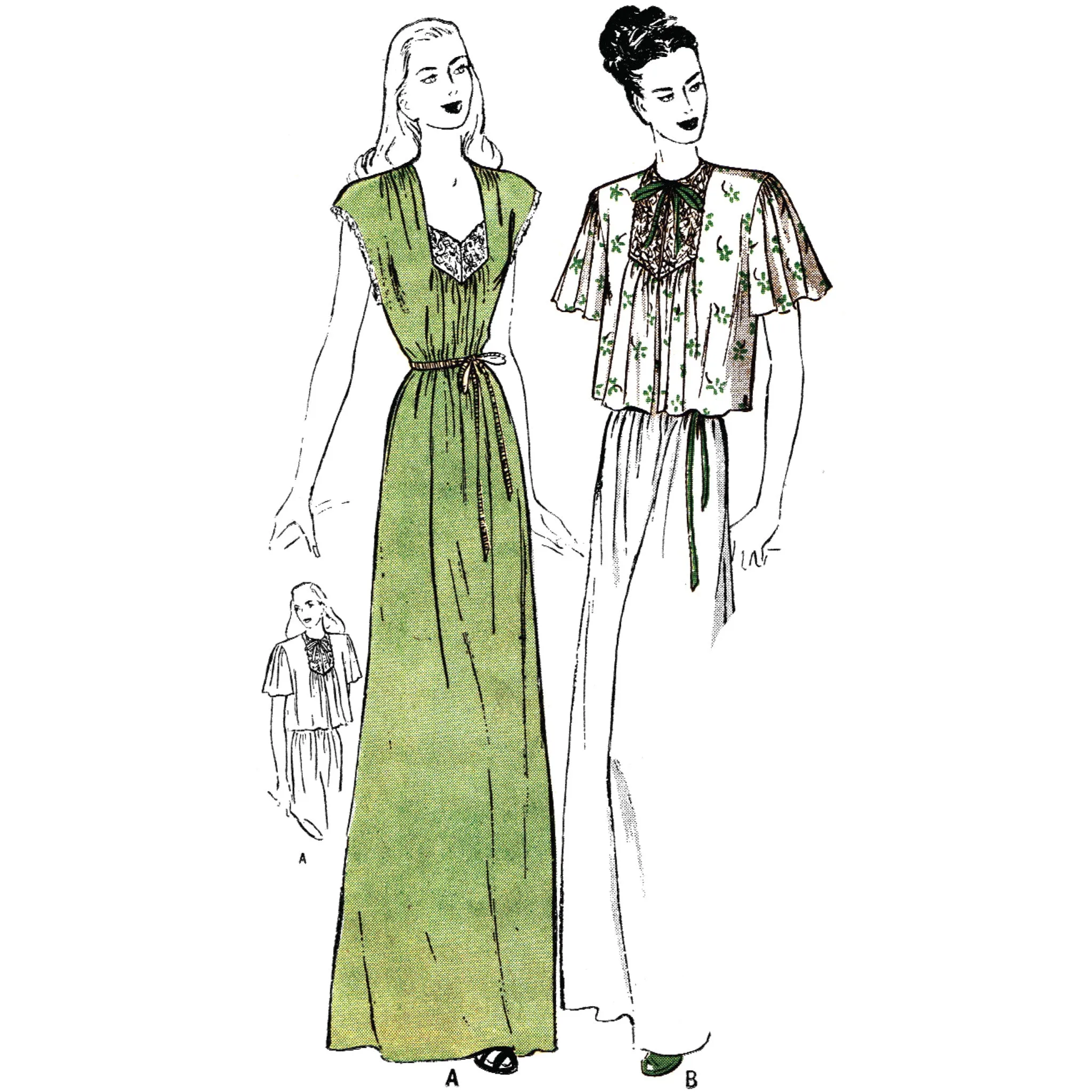 PDF - 1940s Sewing Pattern, Nightgown & Bed Jacket Ensemble - Bust 42” (106.7cm) - Download