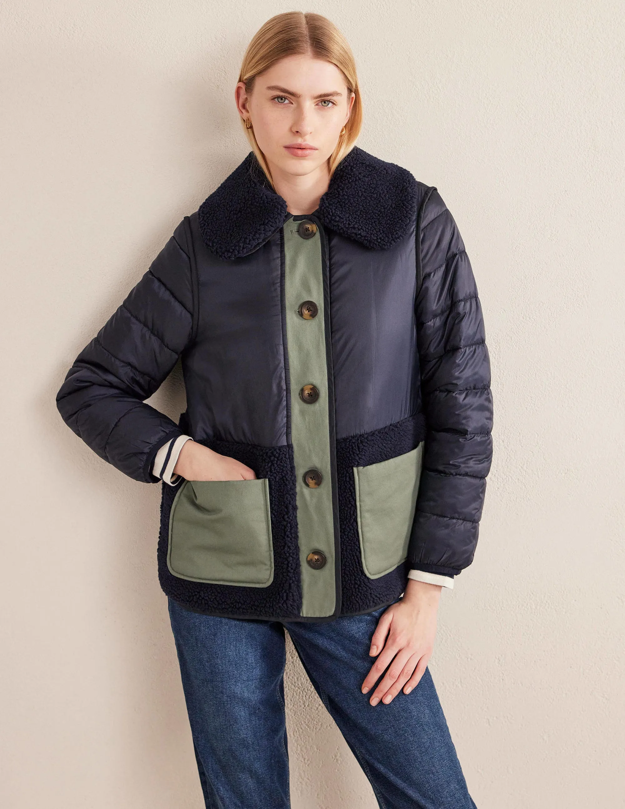 Quilted Borg Jacket-Navy