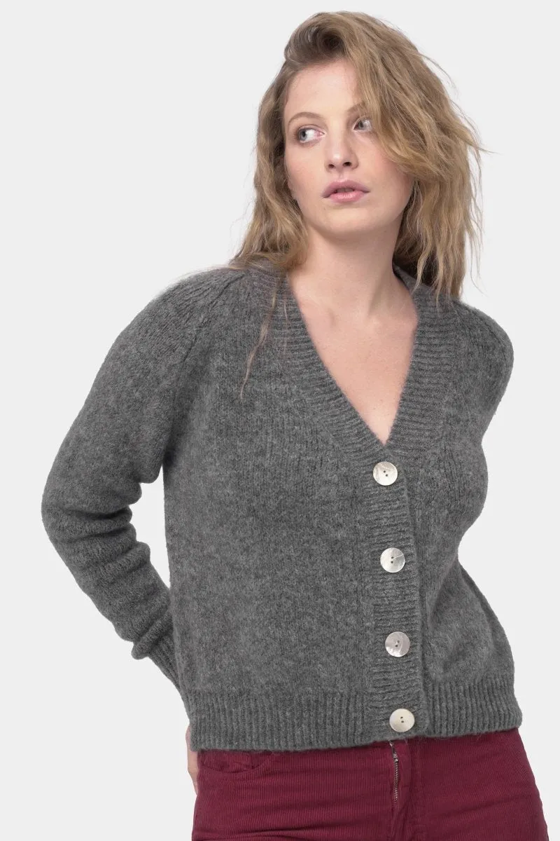 Ribbed V Neck Buttoned Sweater