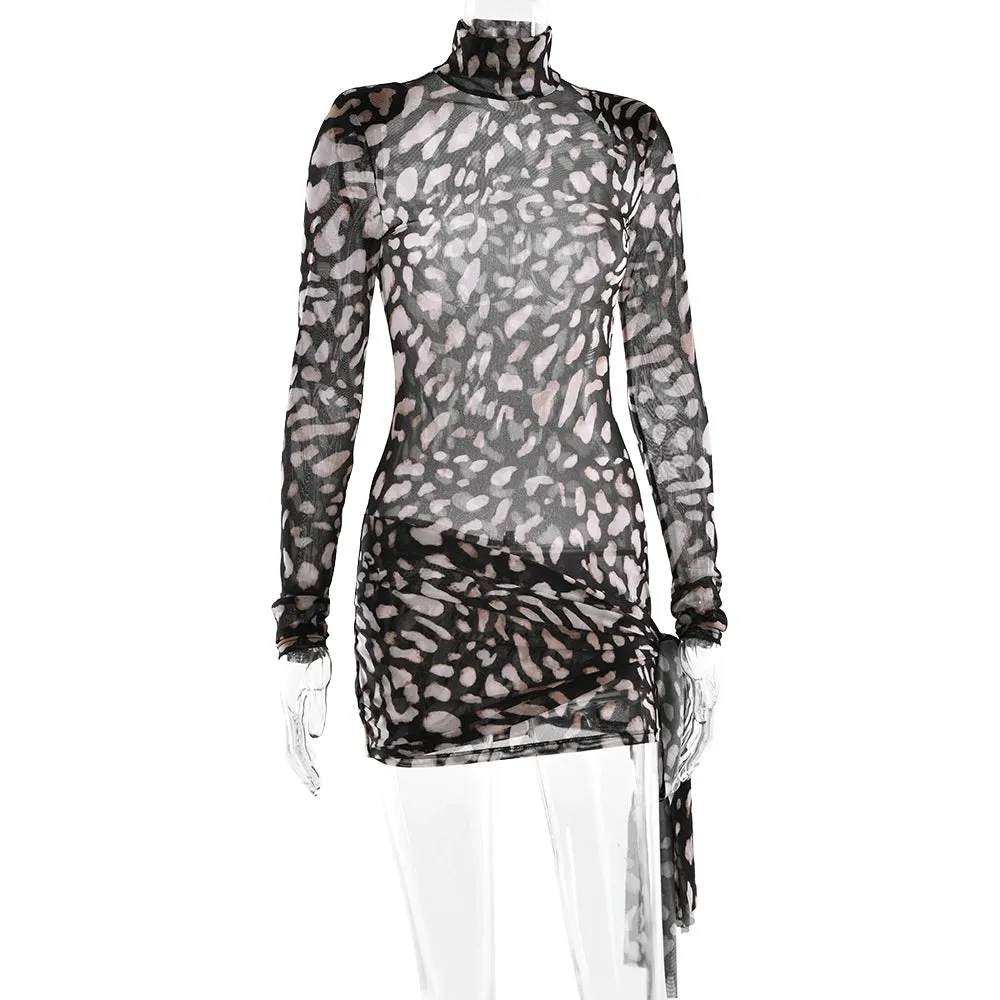 Sexy Sheer Print Turtleneck Leopard Mini Party Dress