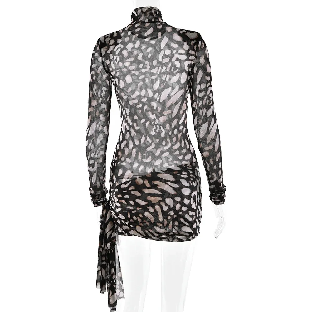 Sexy Sheer Print Turtleneck Leopard Mini Party Dress