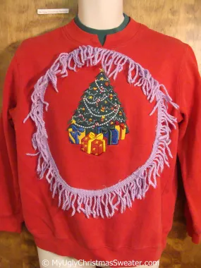 Tacky Christmas Sweatshirt with Colorful Tree and Fringe
