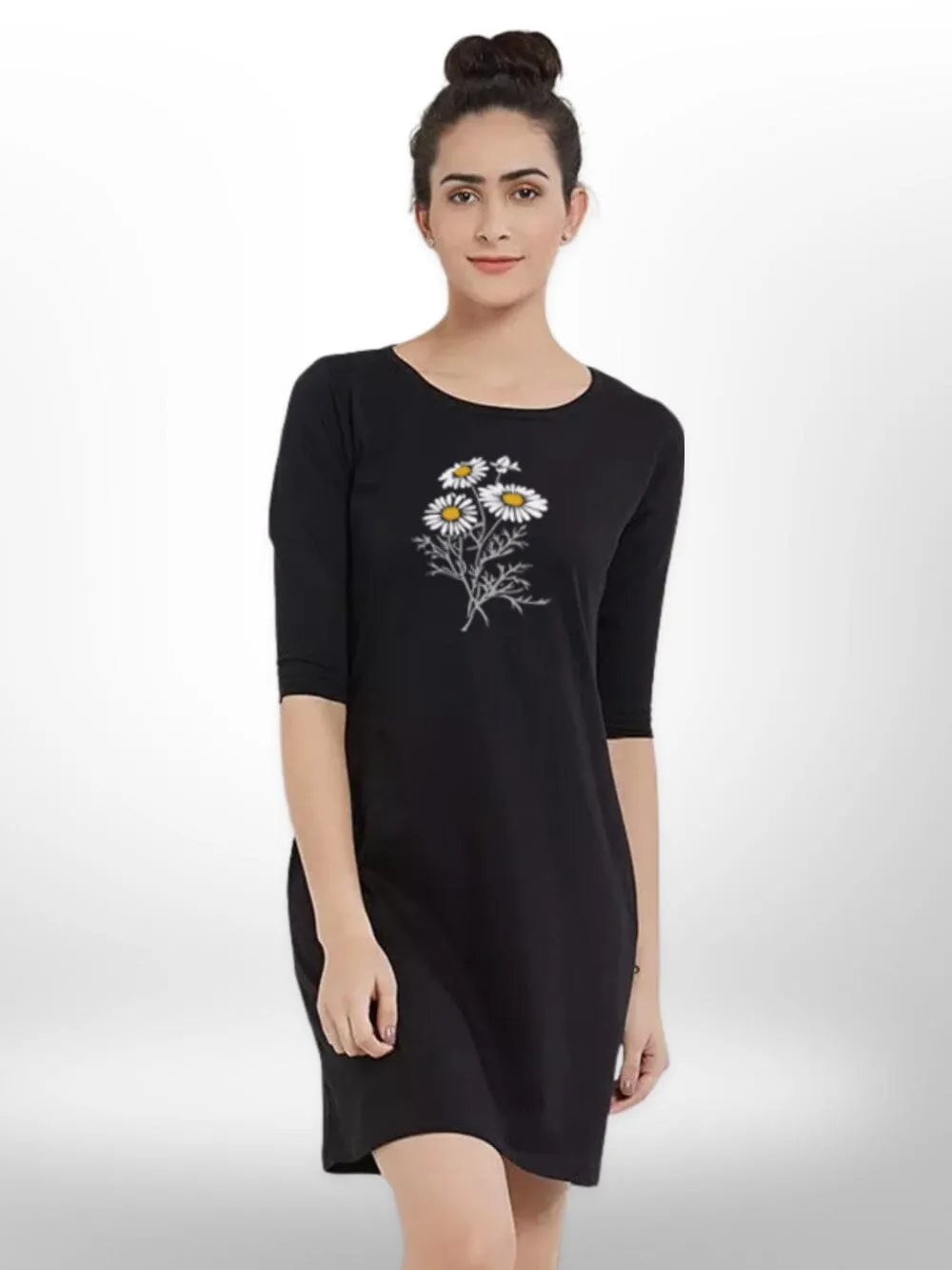 WHITE FLOWER PRINTED THREE QUARTER SLEEVE SIDE POCKET T-SHIRT FOR WOMEN'S