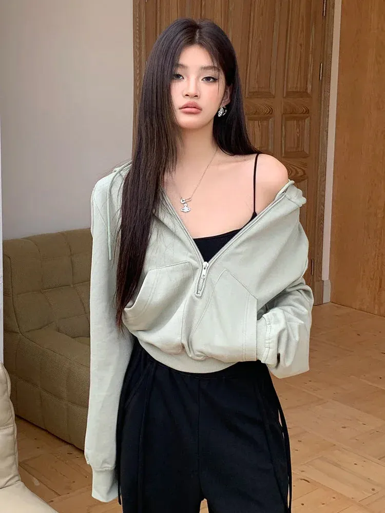Winter American Hooded Loose Green Female Sweatshirts New Loose Zipper Casual Sexy Fashion Women's Hoodies Office Lady