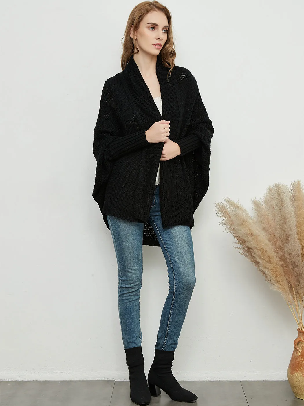 Women Batwing Sleeve Sweater Open Front Kimono Oversized Wrap Cardigan